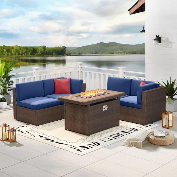 Sizzim 5-Piece Fire Pit Patio Sets Wicker Patio Conversation Set With Fire Pit Table Blue Cushions