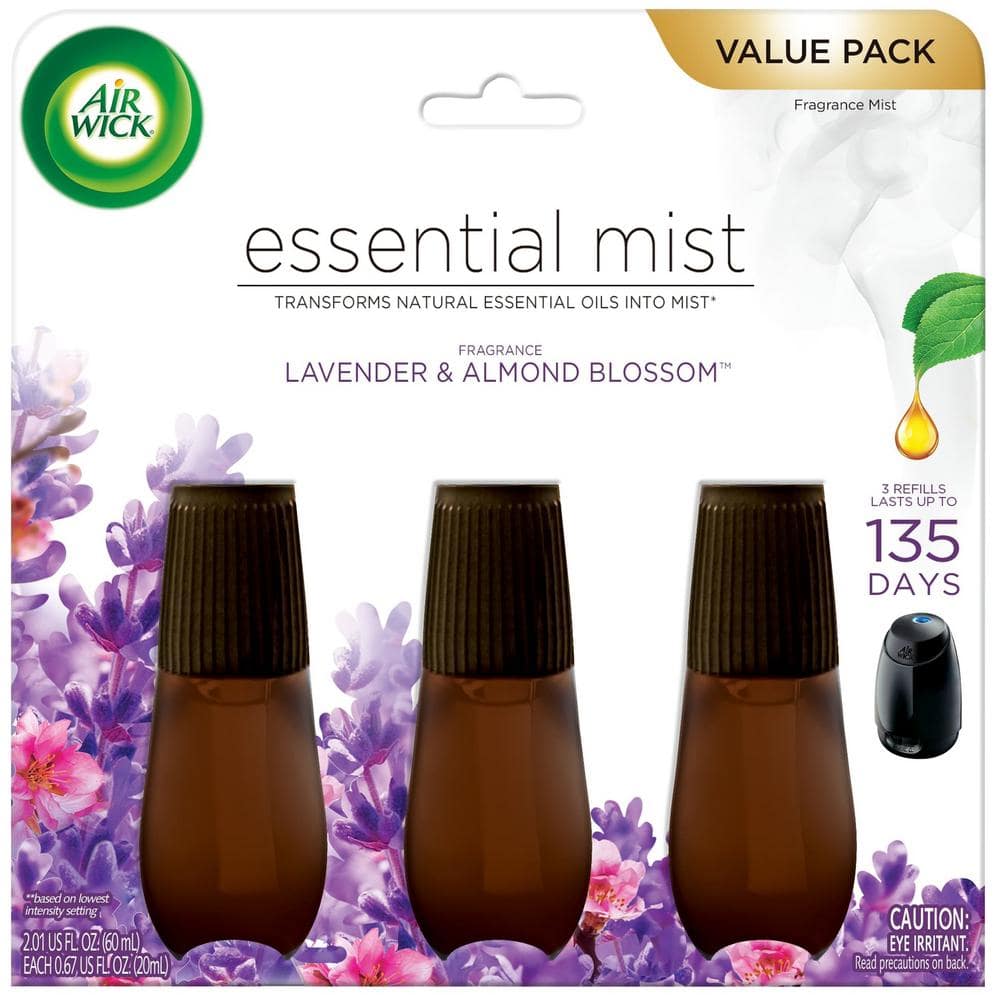 Air Wick Essential Mist 0.67 oz. Lavender and Almond Blossom Automatic Air  Freshener Diffuser with Refill (3-Pack) 62338-01113 - The Home Depot