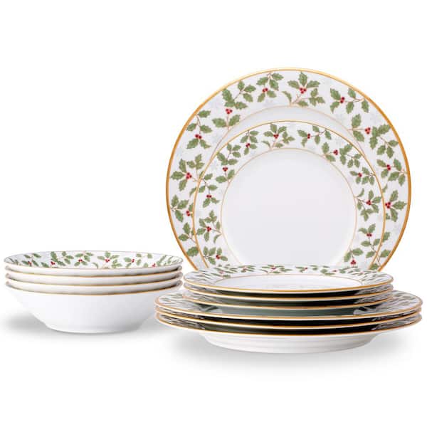 Noritake Holly and Berry Gold 12-Piece (White) Porcelain Dinnerware Set, Service for 4