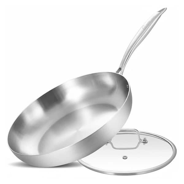 12 in. Tri-Ply Stainless Steel Frying Pan with Lid, Induction Compatible, Oven Safe, Detachable Handle, Silver