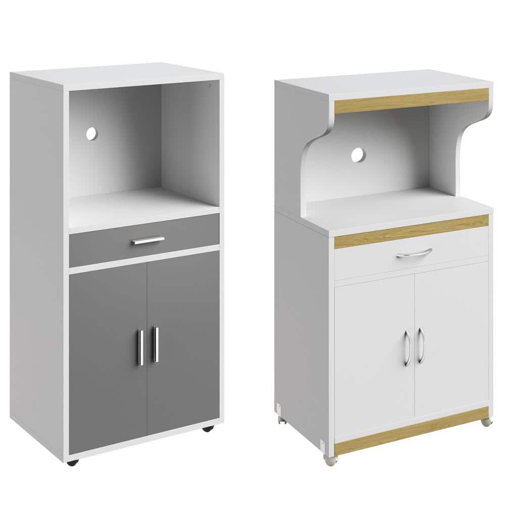 White and Gray Wood Microwave Stand with Storage and Wheels