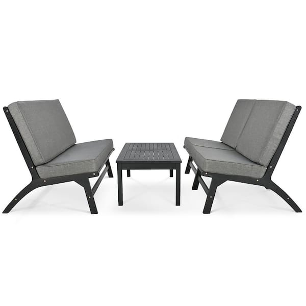 maocao hoom 4-Piece Black Wood Patio Conversation Set with Gray Cushions