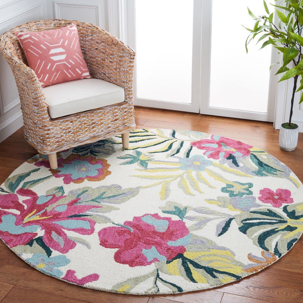 Ivory and Pink Floral Hand-Tufted Wool Round Rug, 6'