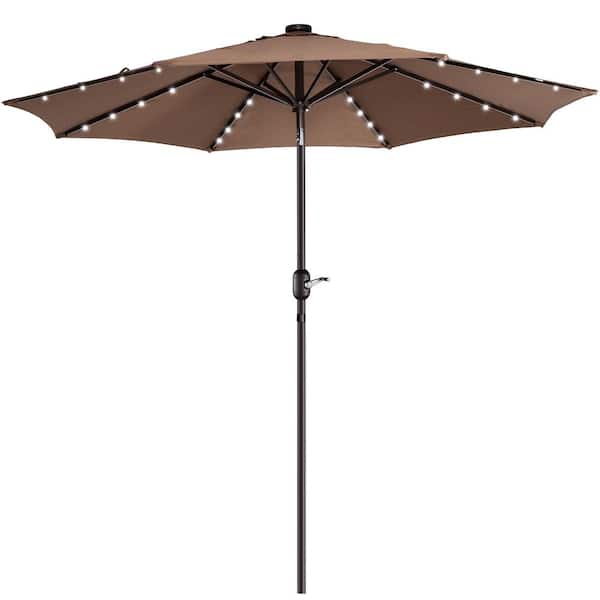 Pure Garden 9 ft. Steel Solar LED Lighted Patio Market Umbrella with Auto Tilt, Easy Crank Lift in Brown