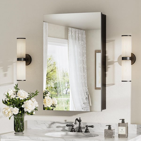 KeonJinn 16 in. W x 26 in. H Rectangular Frameless Aluminum Black Recessed or Surface Mount Medicine Cabinet with Mirror