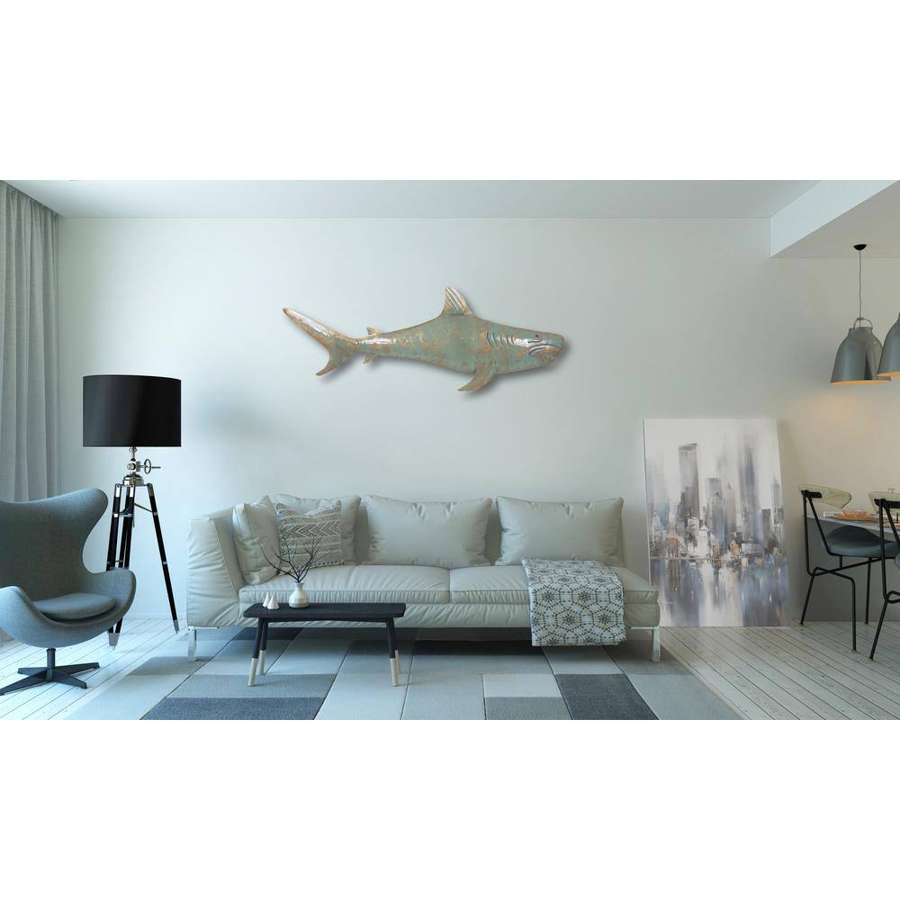 Rustic Teal and Gold Metal Shark Wall Sculpture