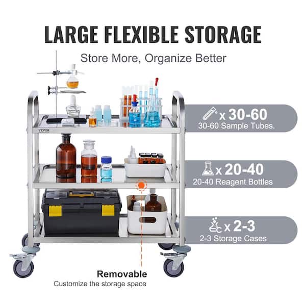 Stainless Steel Cart, 3 Layers Lab Utility Cart 400 lbs. Capacity, Medical Cart with Lockable Wheels Kitchen Cart Silver