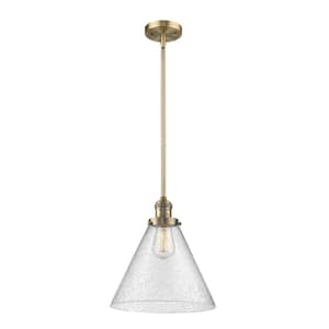 Cone 1-Light Brushed Brass Cone Pendant Light with Seedy Glass Shade