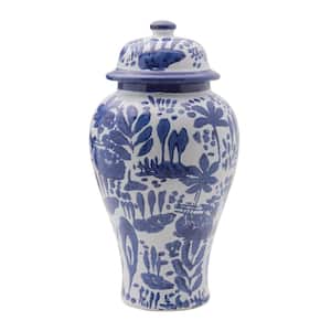 Blue and White Landscape Round Ceramic Ginger Jar, Store Small Household Items or Display Faux Florals, 15 in.