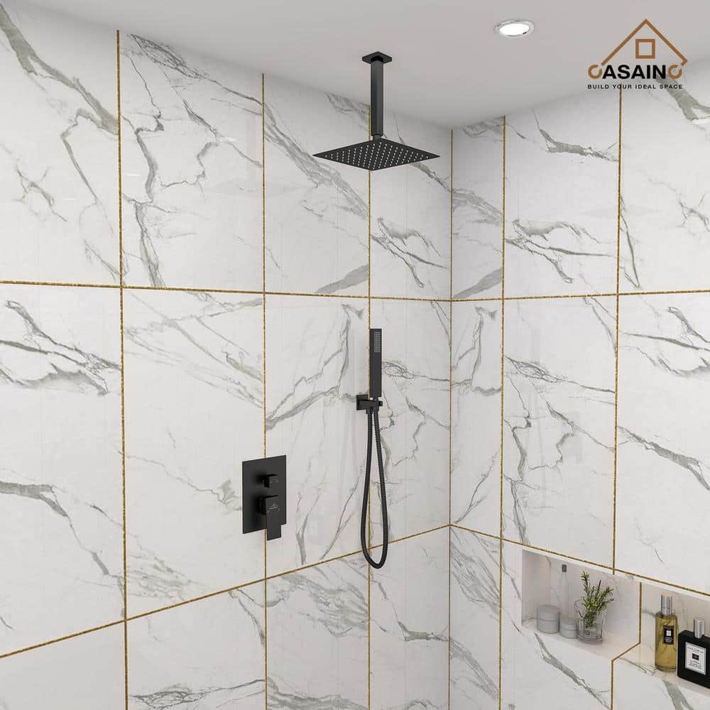 Large Matte Black Dual Square Ceiling Mounted Rain Shower System