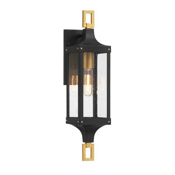 Savoy House Glendale 20.5 in. Matte Black and Weathered Brushed Brass Outdoor Hardwired Wall Lantern Sconce with No Bulbs Included