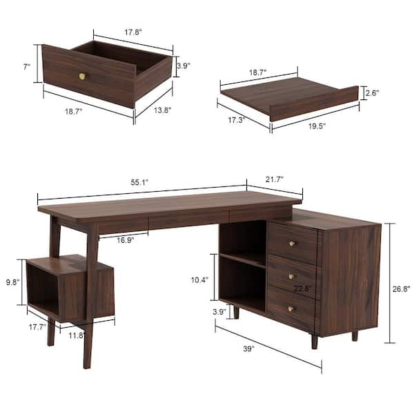 FUFU&GAGA 55.1 in. W L-shaped Brown Wood Grain Wooden 3-Drawer Computer Desk,  Writing Desk with Shelves Storage LBB-KF180108-01-c - The Home Depot