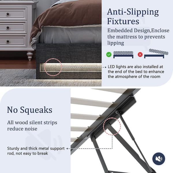 Upholstered Storage Bed Gray Metal Frame Full Platform Bed with Lighted Headboard, USB Ports and Shelves