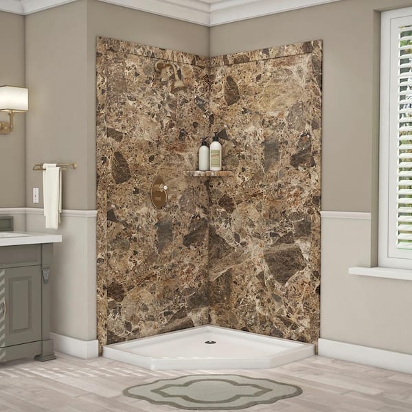 FlexStone Splendor 40 in. x 40 in. x 80 in. 7-Piece Easy Up Adhesive Corner Shower Wall Surround in Breccia Paradiso