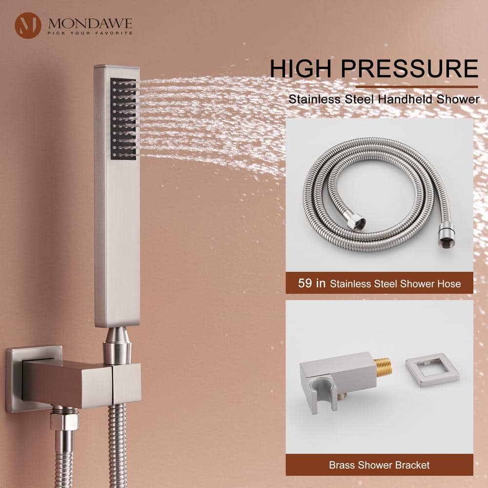 Brushed Nickel Wall Mounted Shower System with Adjustable Heads and Body Jets