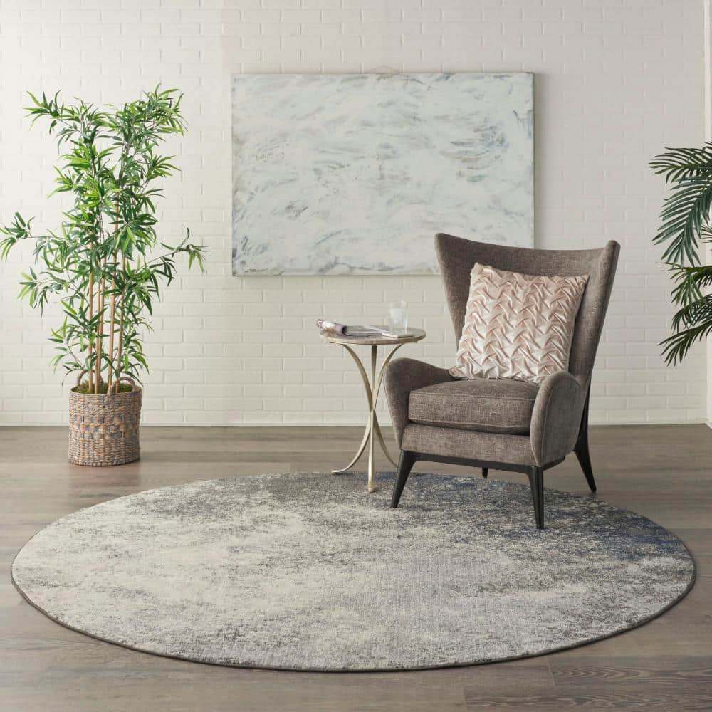 Large Round Gray and Ivory Synthetic Traditional Rug