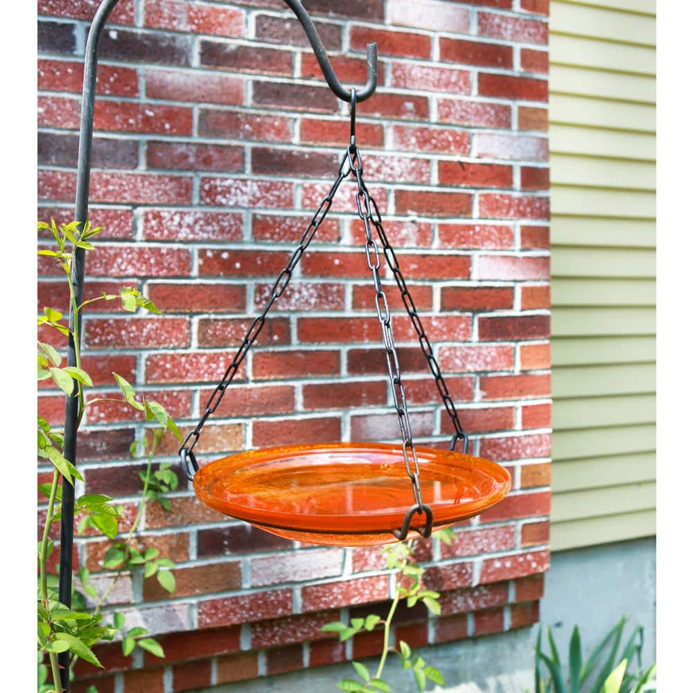 Mandarin Crackle Glass Hanging Birdbath with Black Iron Stand