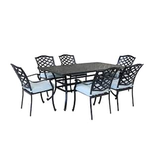 Black 7-Piece Aluminum Rectangular Outdoor Dining Set with 6 Arm Chair, Light Blue Cushions