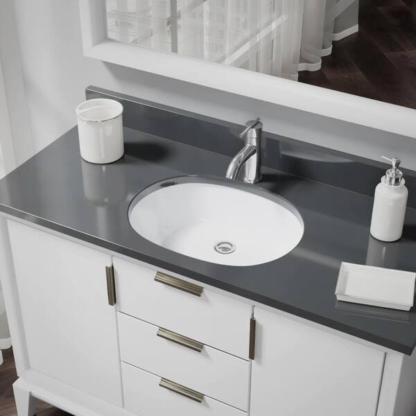 Rene Undermount Porcelain Bathroom Sink in White with Pop-Up Drain in Chrome