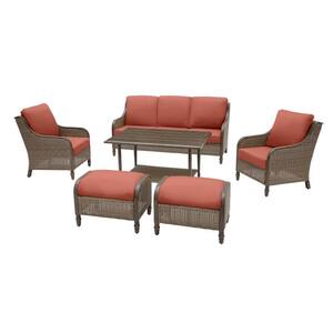Windsor 6-Piece Brown Wicker Outdoor Patio Conversation Seating Set with Sunbrella Henna Red Cushions