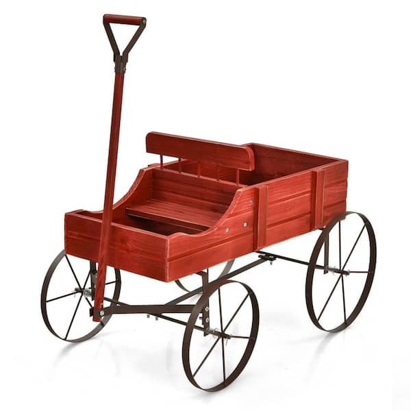 Gymax Garden Plant Planter Wooden Wagon Planter with Wheel Garden Yard Red