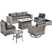 Tahoe Grey 9-Piece Wicker Outdoor Patio Rectangle Fire Pit Conversation Sofa Set with a Swivel Chair and Black Cushions