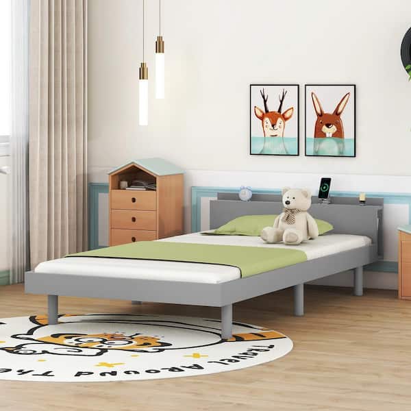 Gray Wood Frame Twin Size Platform Bed with Built-in USB Ports