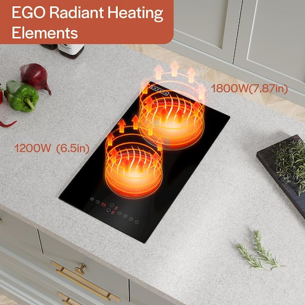 12 in. ETL-Certified 2 EGO Heating Elements Electric Radiant Cooktop 240V 3000W, Glass Ceramic Surface, Black