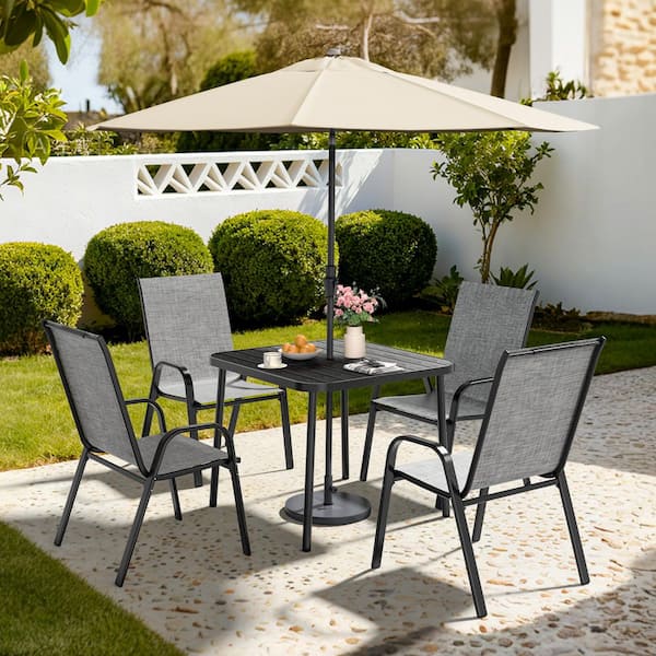 4-Person Patio Dining Set, Textilene Stackable Chairs and Square Table with Umbrella Hole