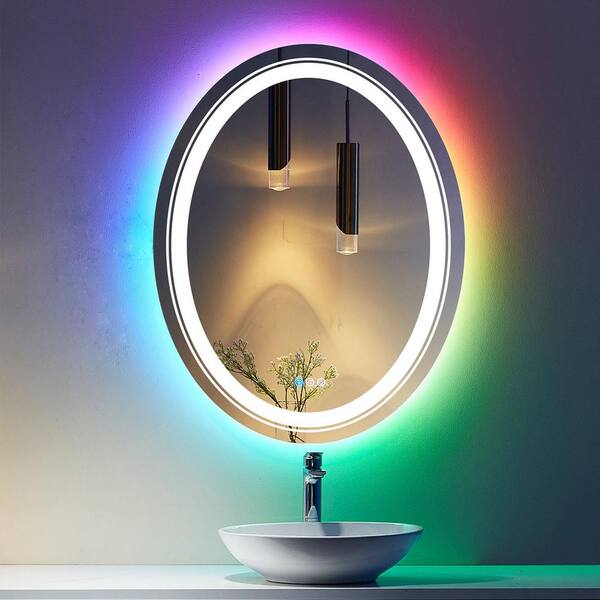 Apmir 28 in. W x 36 in. H Oval Frameless High-quality 192 LEDs/m RGB LED Anti-Fog Tempered Glass Wall Bathroom Vanity Mirror