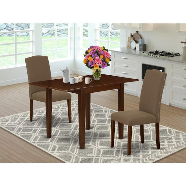 East West Furniture 3-Piece Mahogany Finish Solid Wood Top Dining Table Set
