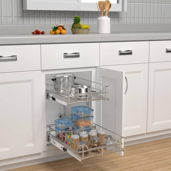 2-Tier Silver Cabinet Pull Out Shelves, Slide Out Shelves for Kitchen, Metal Under Cabinet Roll Out Storage Shelf
