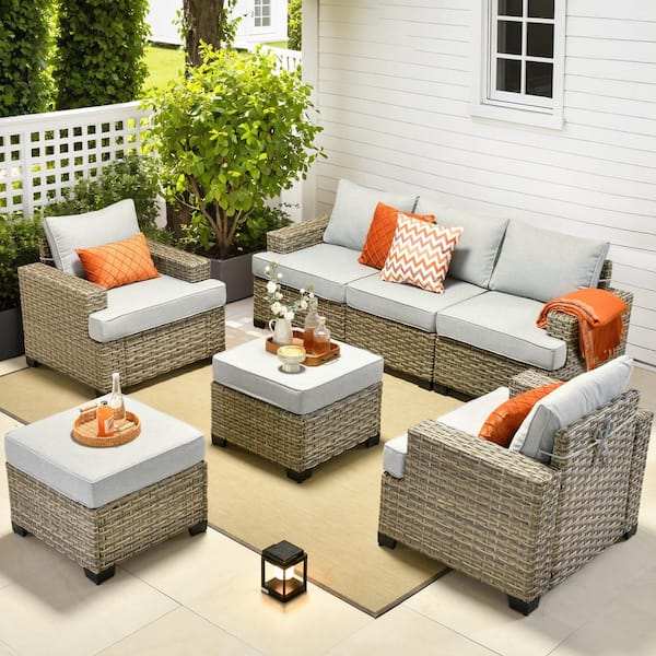 OVIOS Tiberte Gray 7-Piece Wicker Patio Conversation Seating Set with Gray Cushions