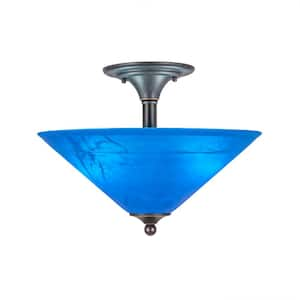 Bristol 11.75 in. 2-Light Dark Granite Semi-Flush with 16 in. Blue Italian Glass Shade No Bulbs Included