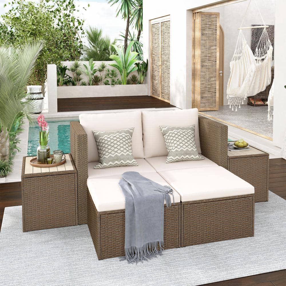 Brown 6-Piece Garden Wicker Outdoor Sectional Set with 2 Tea Tables and Bei