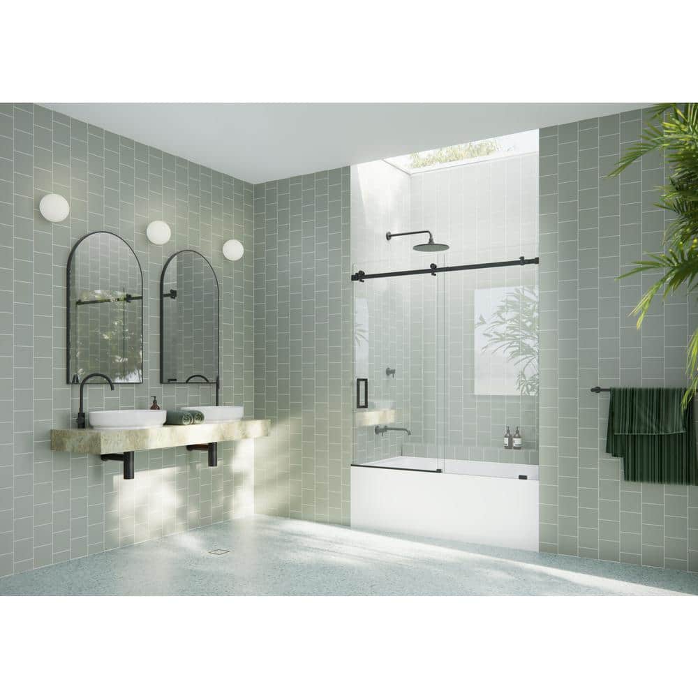 Astro Frameless Sliding Bathtub Door in Matte Black with Tempered Glass