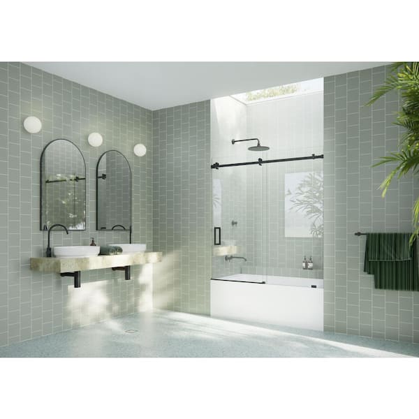 Glass Warehouse 56 in. W x 60 in. H Sliding Frameless Shower Door/Enclosure in Matte Black Finish with Clear Glass
