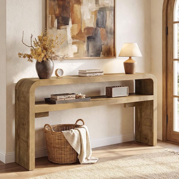 Turrella 63 in. Brown Rectangle Wood Console Table with Storage&Curved Edges, Entryway Table for Hallway, Living Room