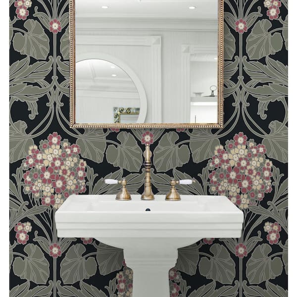 31.35 sq. ft. Black & Rosewood Hydrangea Floral Vinyl Peel and Stick Wallpaper Roll