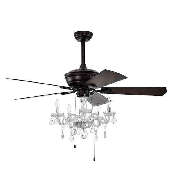 Jushua 52 in. Crystal Shade Ceiling Fan Lamp, 3-Speed, 4-Timing, 5-Reversible Blades Ceiling Fan, Black (No Include Bulb)