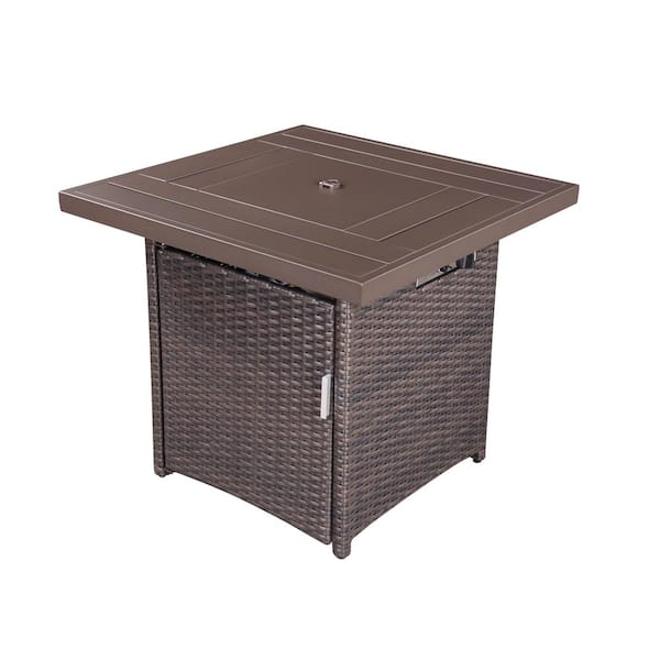 Unbranded 28 in. Square Wicker Outdoor Patio Propane Fire Pit Table with Lid