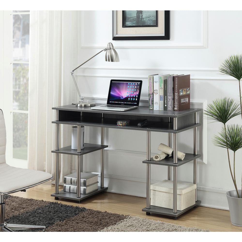 Charcoal Gray Wood Student Desk with Shelves