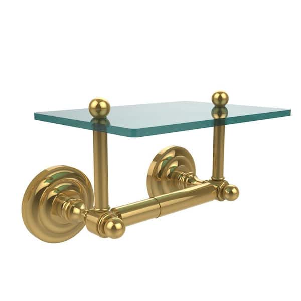 Allied Brass Que New Collection Double Post Toilet Paper Holder with Glass Shelf in Unlacquered Brass