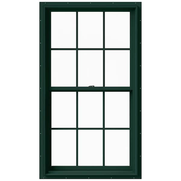 JELD-WEN 33.375 in. x 60 in. W-2500 Series Green Painted Clad Wood Double Hung Window w/ Natural Interior and Screen