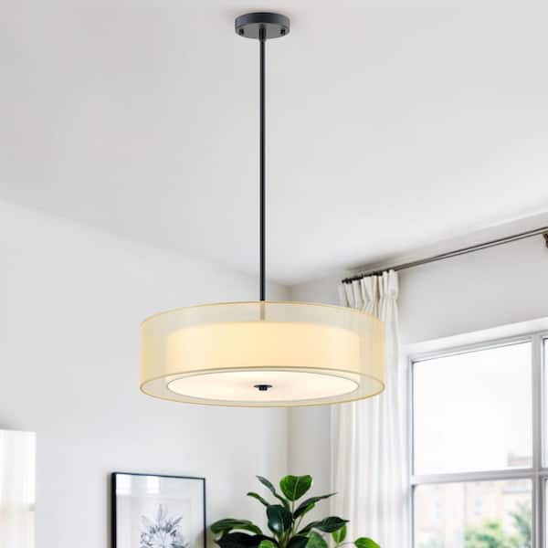 3-Light Antique Bronze Double Drum Pendant with Outer Organza Shade