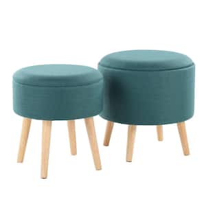 Tray Storage Teal Fabric and Natural Wood Ottoman with Matching Stool