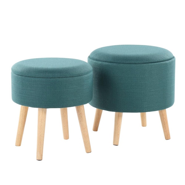 Lumisource Tray Storage Teal Fabric and Natural Wood Ottoman with Matching Stool