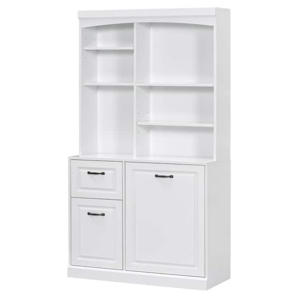 39.3 in. W x 16.5 in. D x 70.9 in. H White MDF Linen Cabinet with Tilt-Out Hamper, Drawers and Adjustable Shelves
