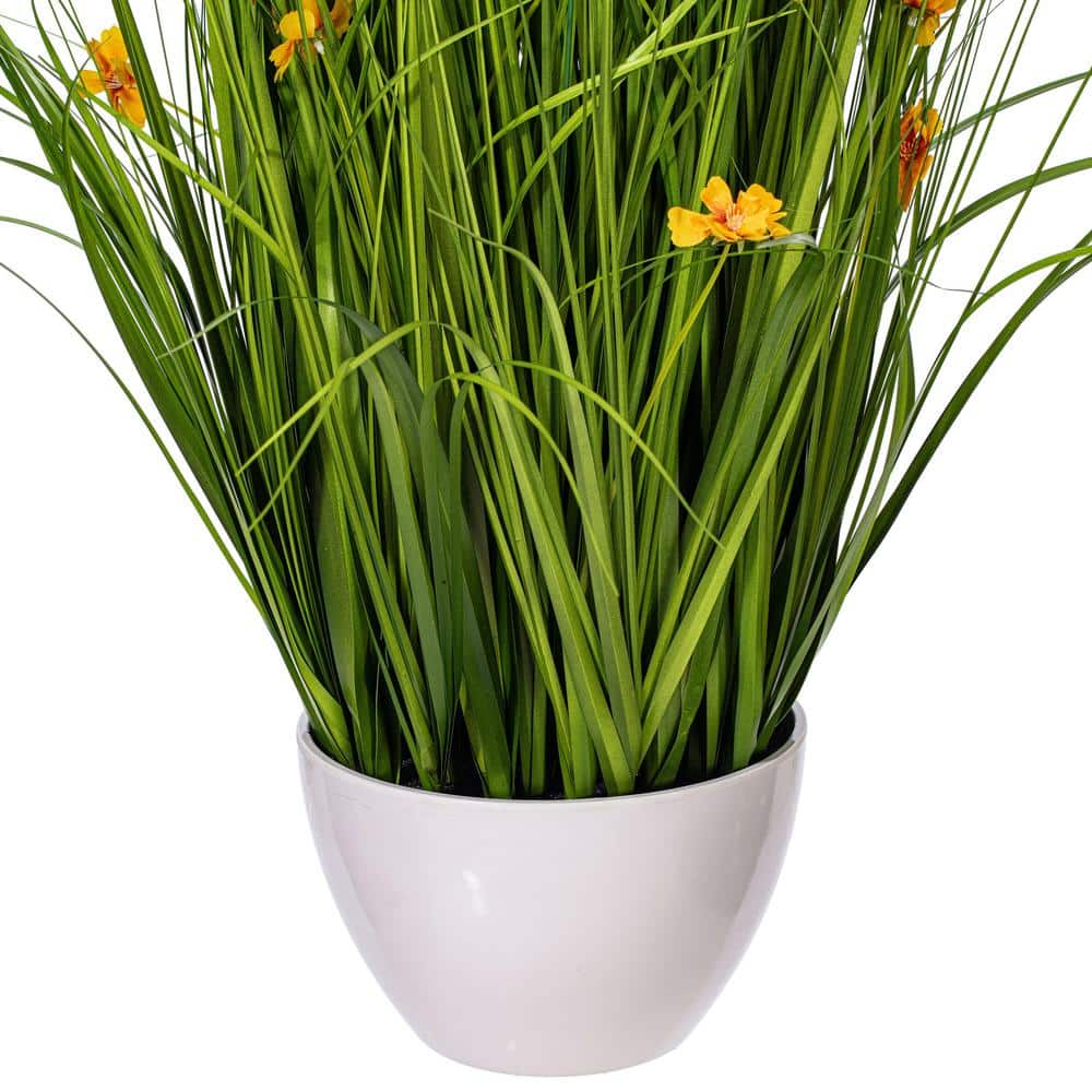 Elegant 42" Yellow Cosmos & Green Grass Outdoor Arrangement in Classic White Pot