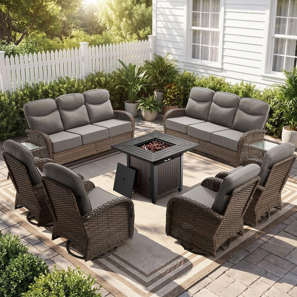 Goyal 9-Piece Brown Wicker Square Metal Fire Pit Conversation Set with 6 in. Gray Cushions and Swivel Glider Chairs price history on PriceWatchPro